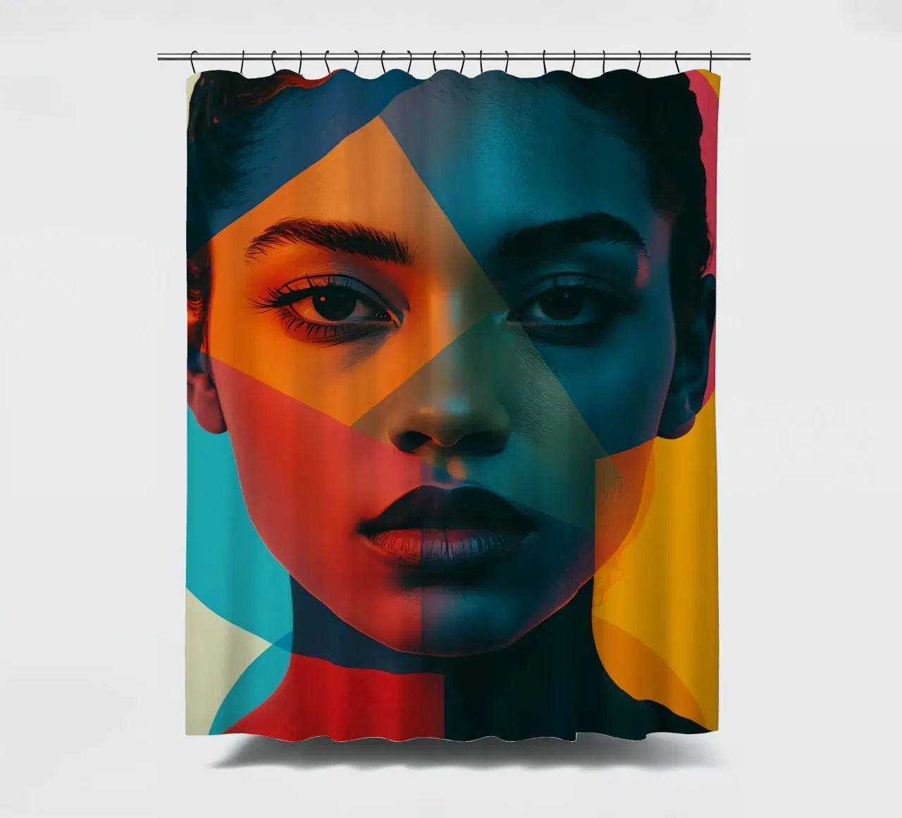 Volto di donna con forme geometriche e blocchi di colore tenda da doccia da DesignDoodle