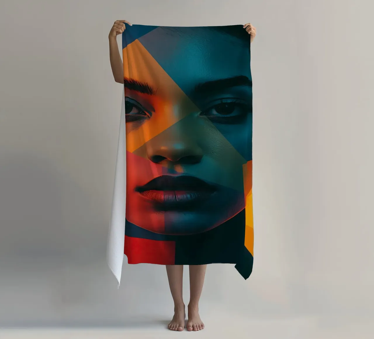 Woman's Face with Geometric Shapes and Color Blocking beach towel by DesignDoodle