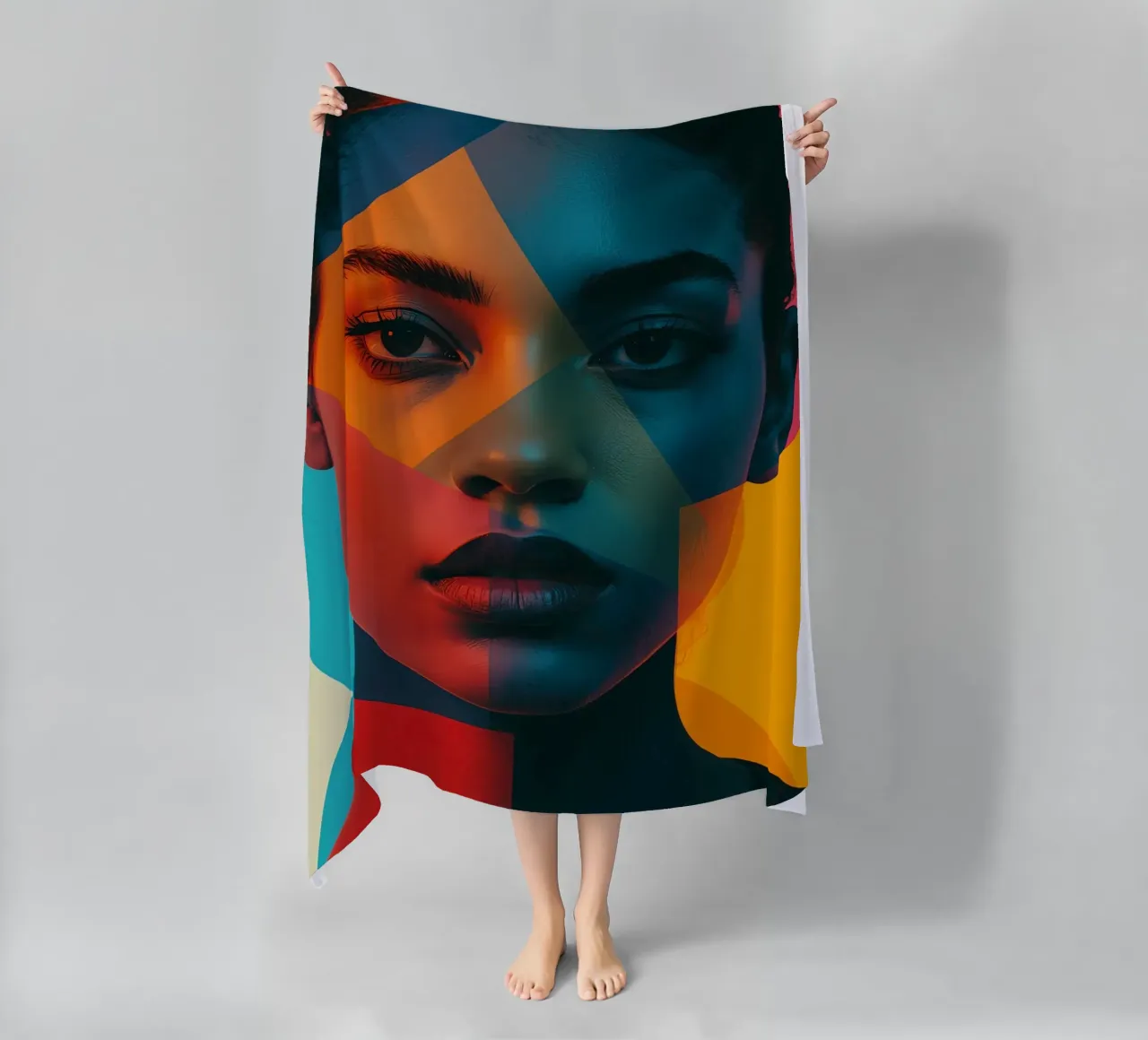 Woman's Face with Geometric Shapes and Color Blocking beach towel by DesignDoodle