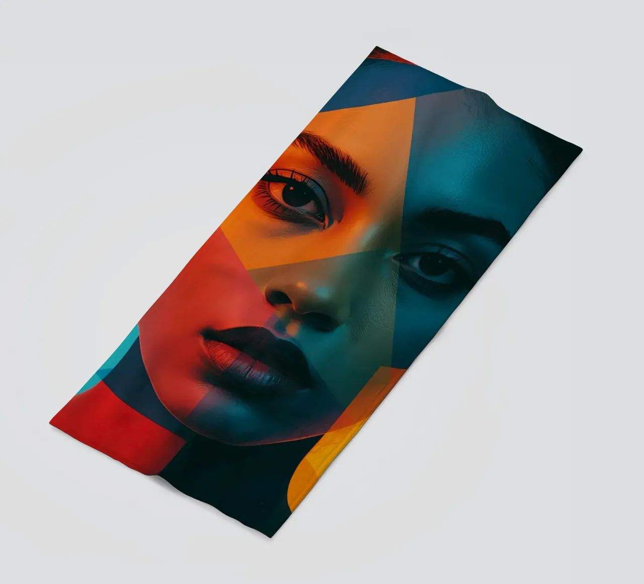 Woman's Face with Geometric Shapes and Color Blocking beach towel by DesignDoodle