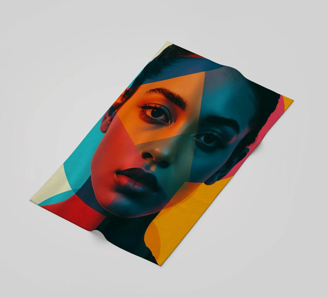 Woman's Face with Geometric Shapes and Color Blocking beach towel by DesignDoodle