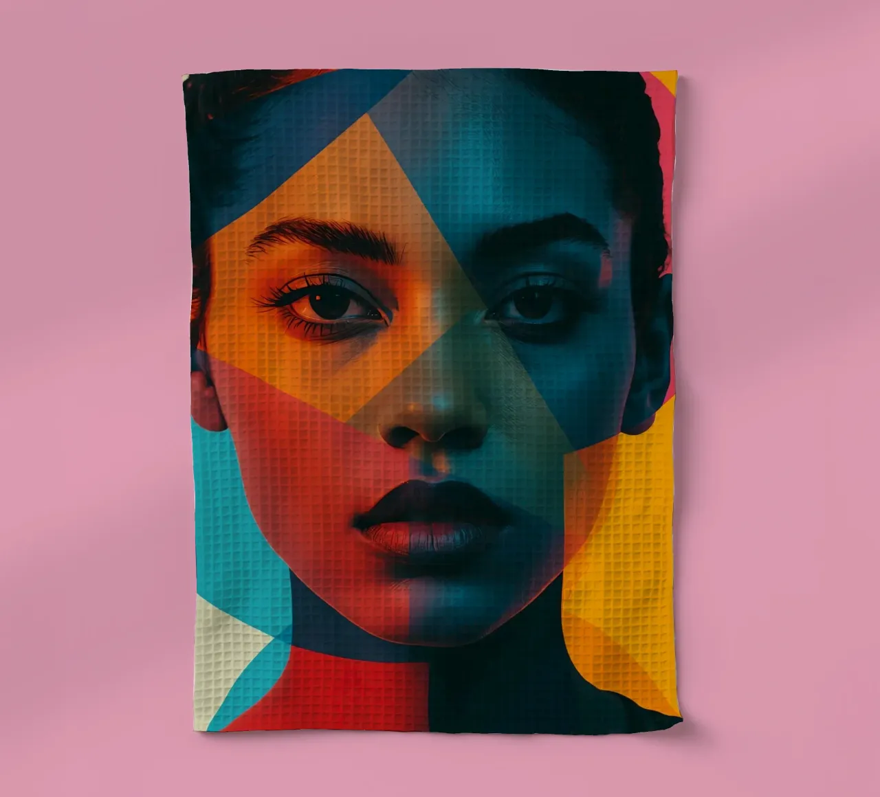 Woman's Face with Geometric Shapes and Color Blocking tea towel by DesignDoodle