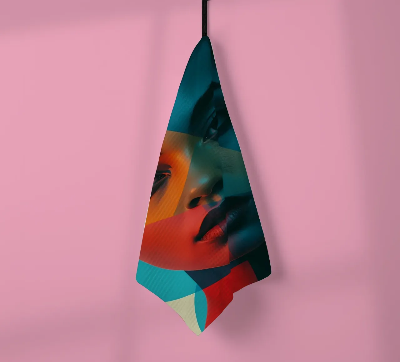 Woman's Face with Geometric Shapes and Color Blocking tea towel by DesignDoodle