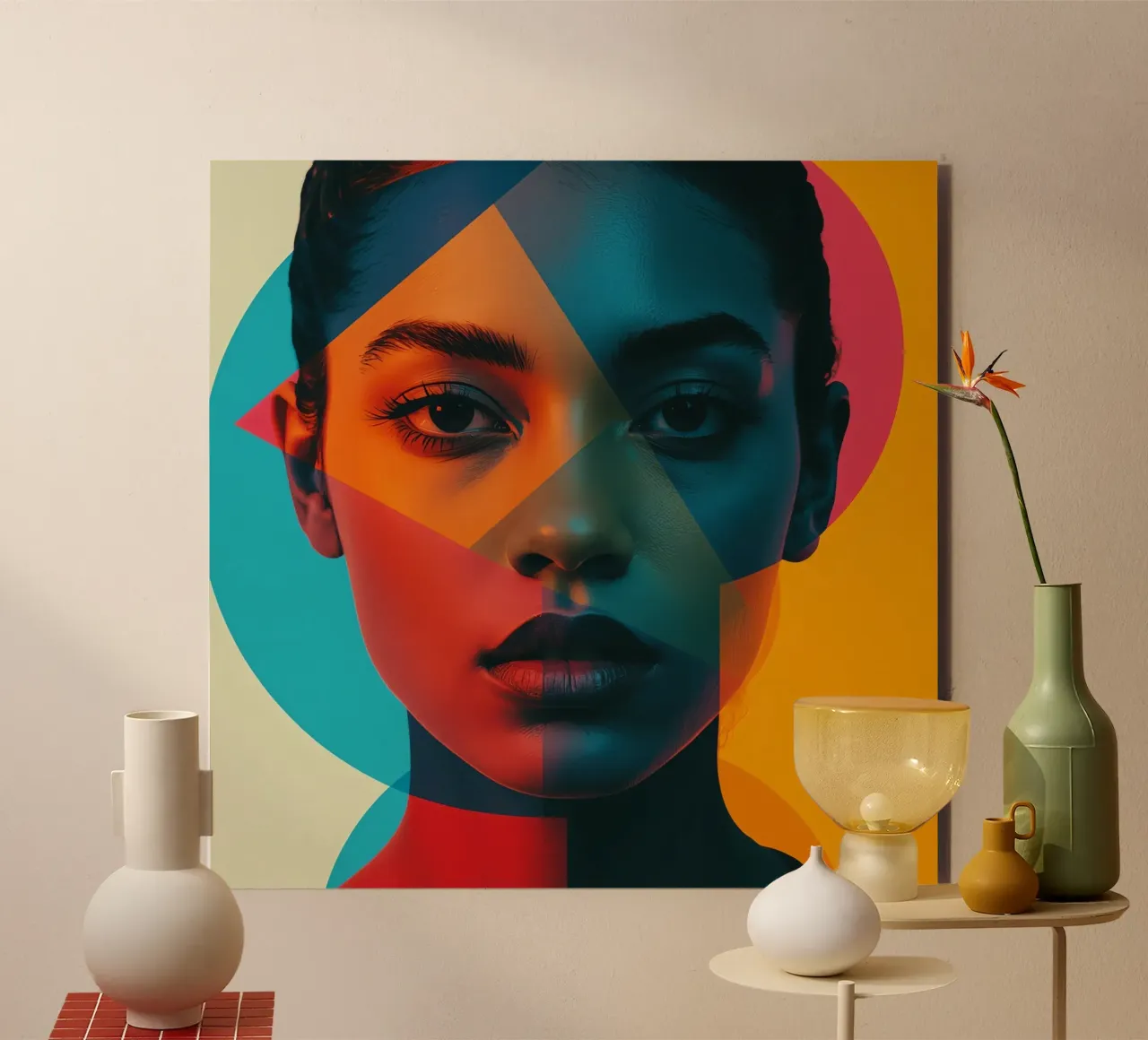 Woman's Face with Geometric Shapes and Color Blocking alu-dibond by DesignDoodle