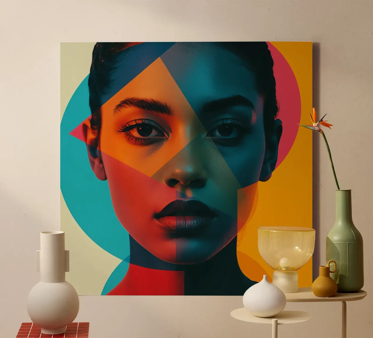 Volto di donna con forme geometriche e blocchi di colore tela con Cornice a cassetta da DesignDoodle
