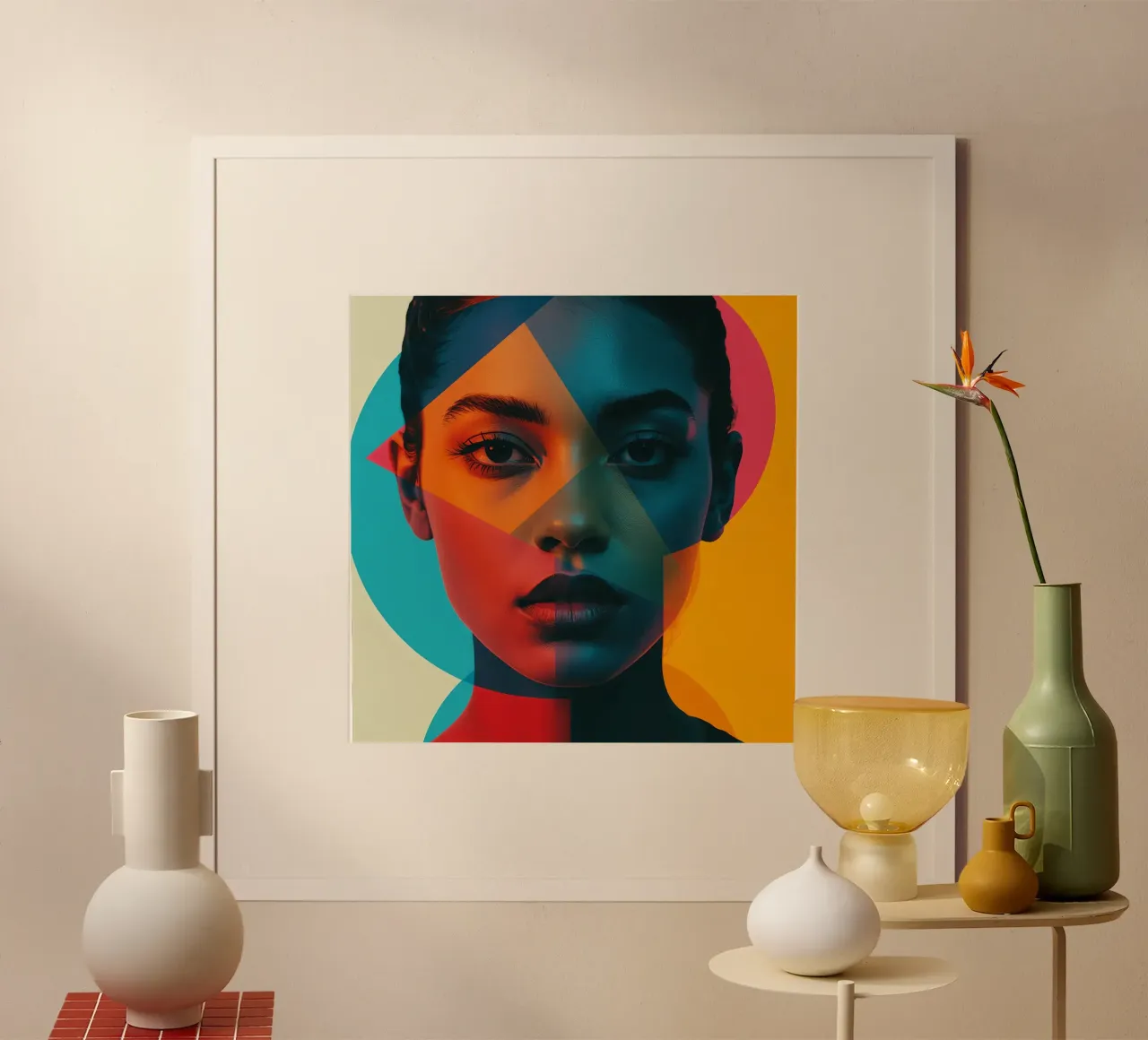 Volto di donna con forme geometriche e blocchi di colore poster con telaio in plastica da DesignDoodle