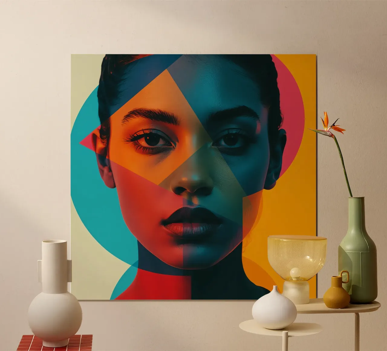 Volto di donna con forme geometriche e blocchi di colore poster con telaio in plastica da DesignDoodle