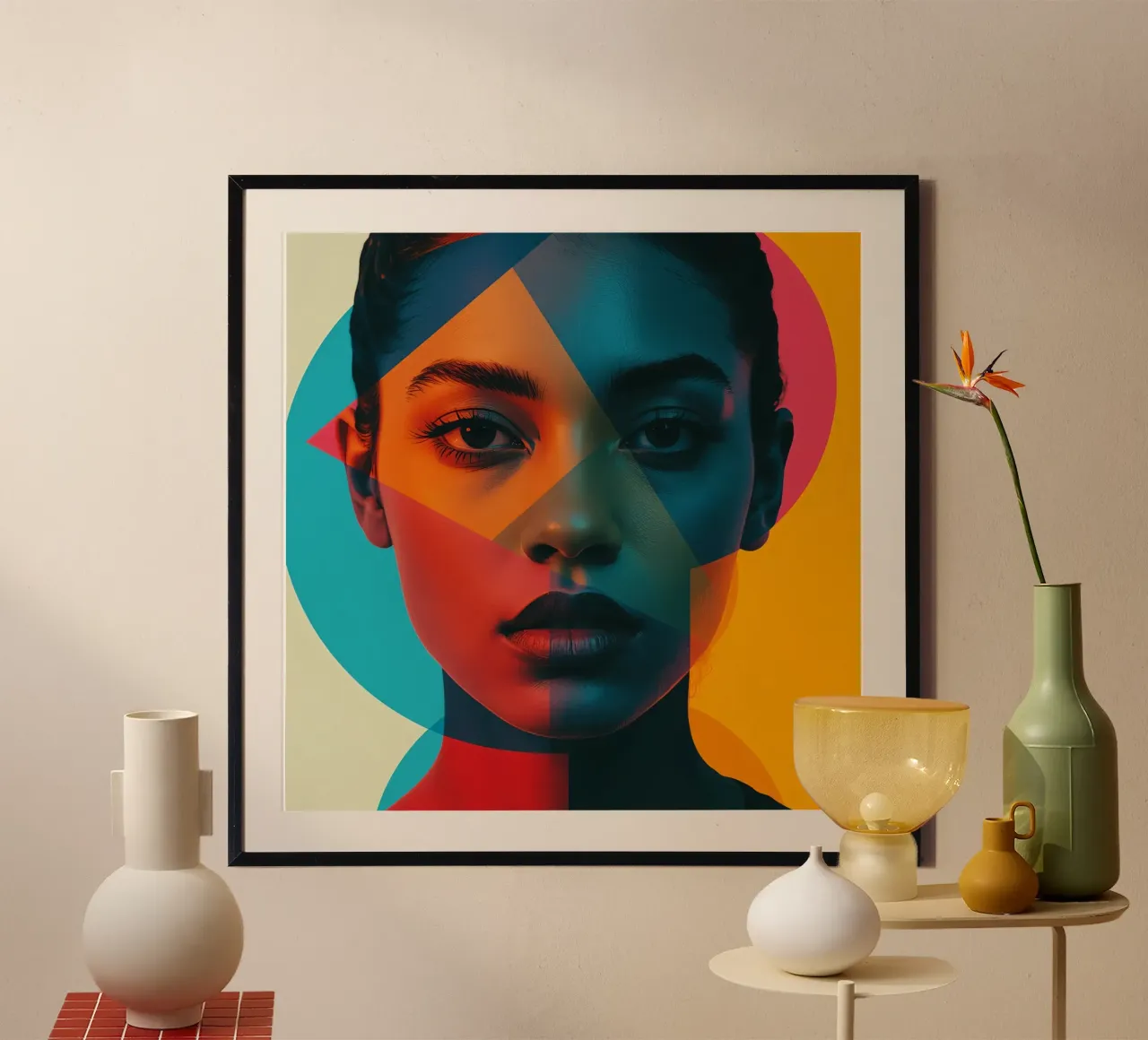 Volto di donna con forme geometriche e blocchi di colore poster con telaio in plastica da DesignDoodle