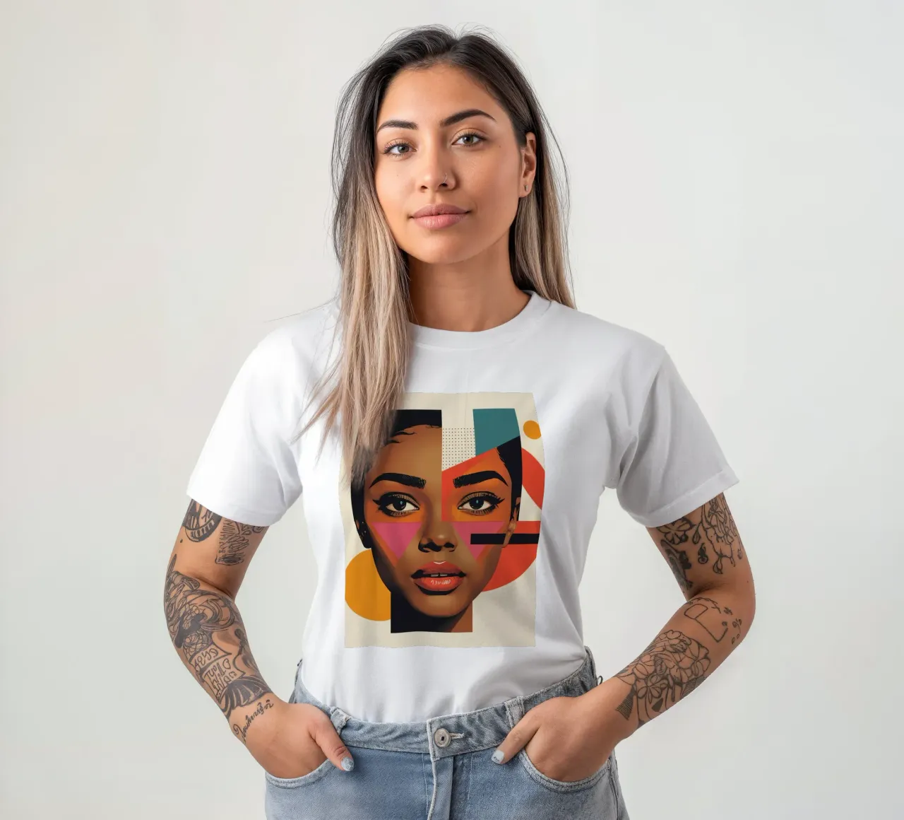 Volto di donna con forme geometriche e colori retrò t-shirt da DesignDoodle