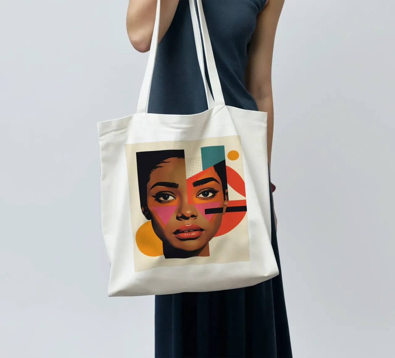 Volto di donna con forme geometriche e colori retrò borsa in juta da DesignDoodle