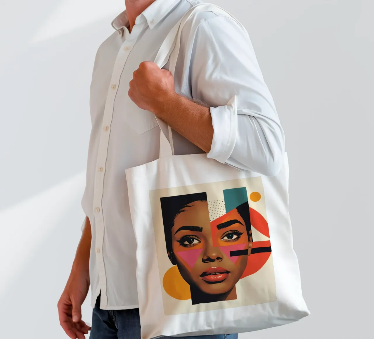 Volto di donna con forme geometriche e colori retrò borsa in juta da DesignDoodle