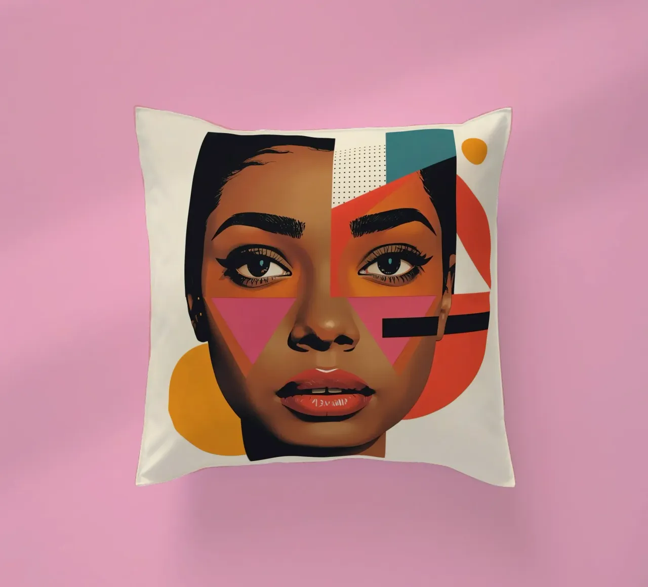 Volto di donna con forme geometriche e colori retrò cuscino da DesignDoodle