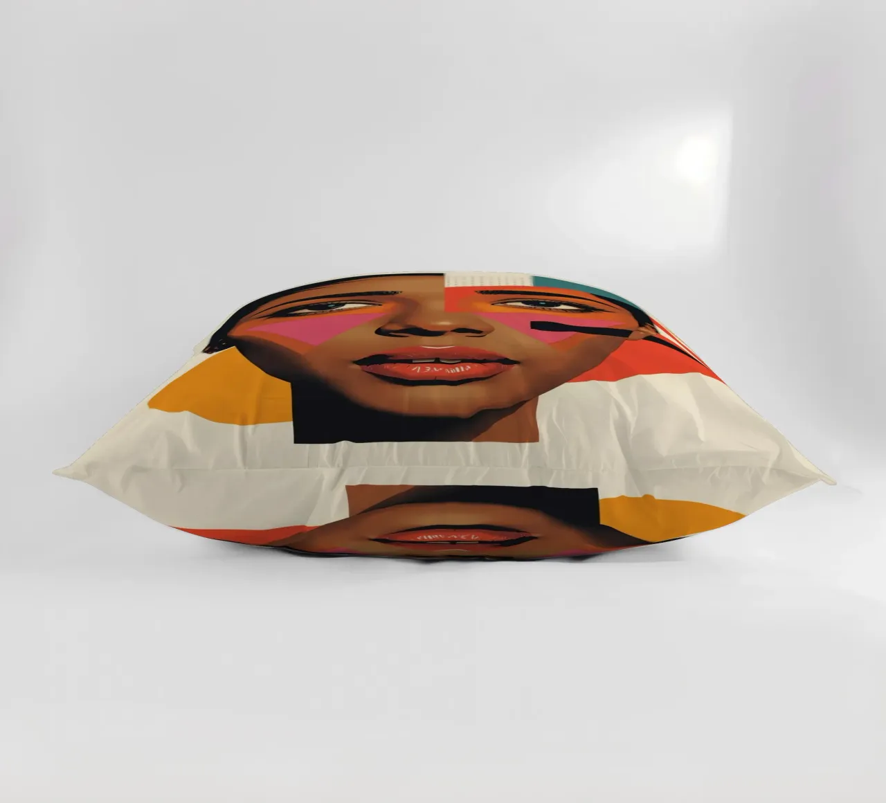 Volto di donna con forme geometriche e colori retrò cuscino da DesignDoodle