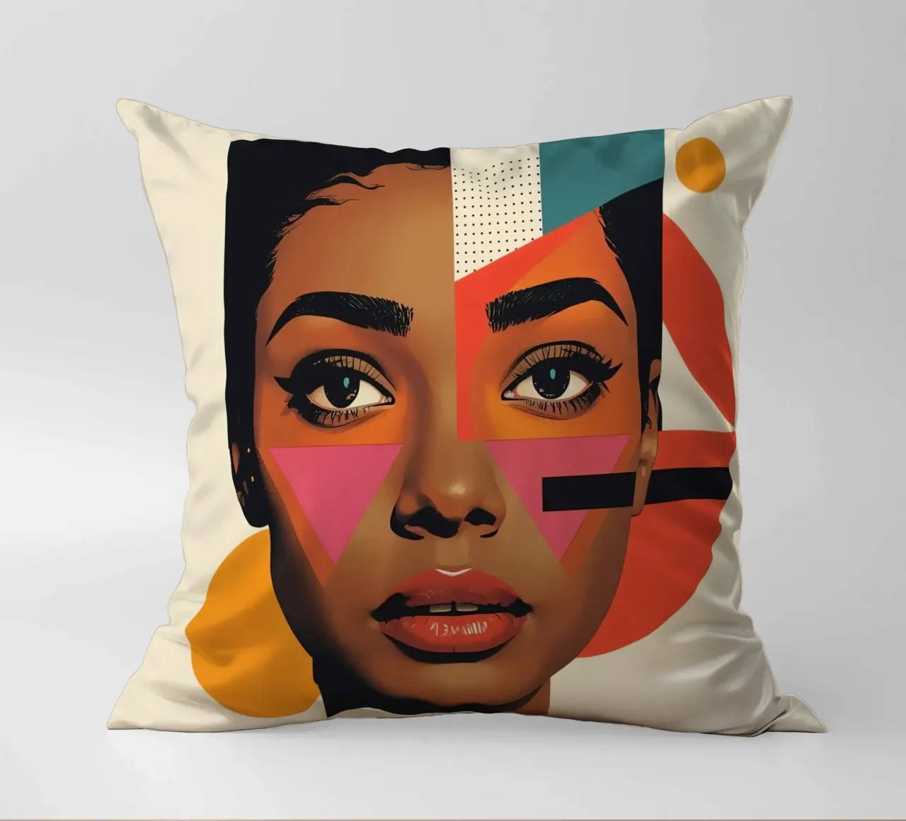 Volto di donna con forme geometriche e colori retrò cuscino da DesignDoodle