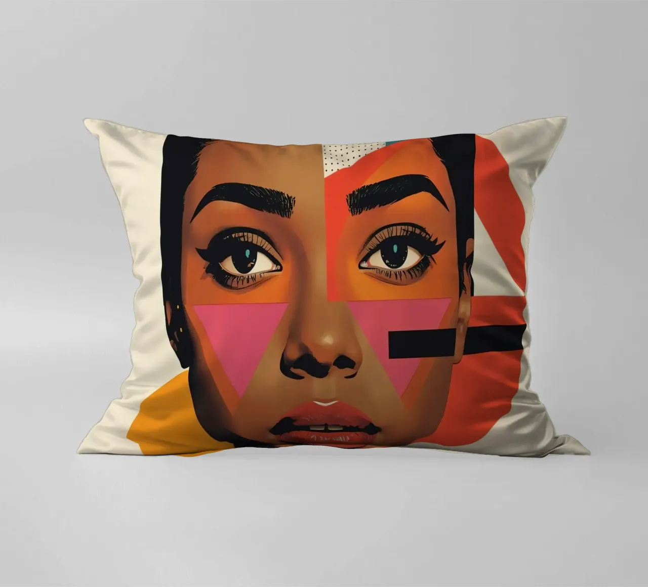 Volto di donna con forme geometriche e colori retrò cuscino da DesignDoodle