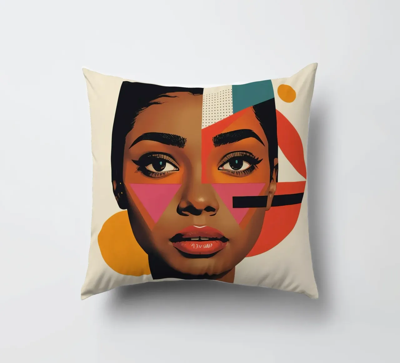 Volto di donna con forme geometriche e colori retrò cuscino da DesignDoodle