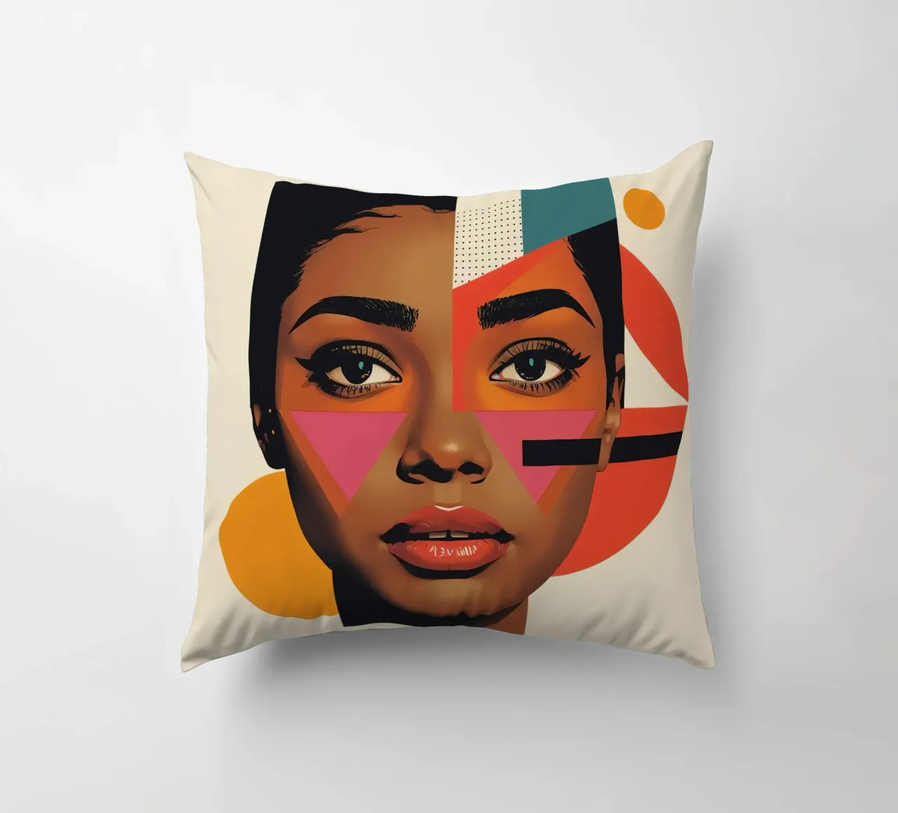 Volto di donna con forme geometriche e colori retrò cuscino da DesignDoodle