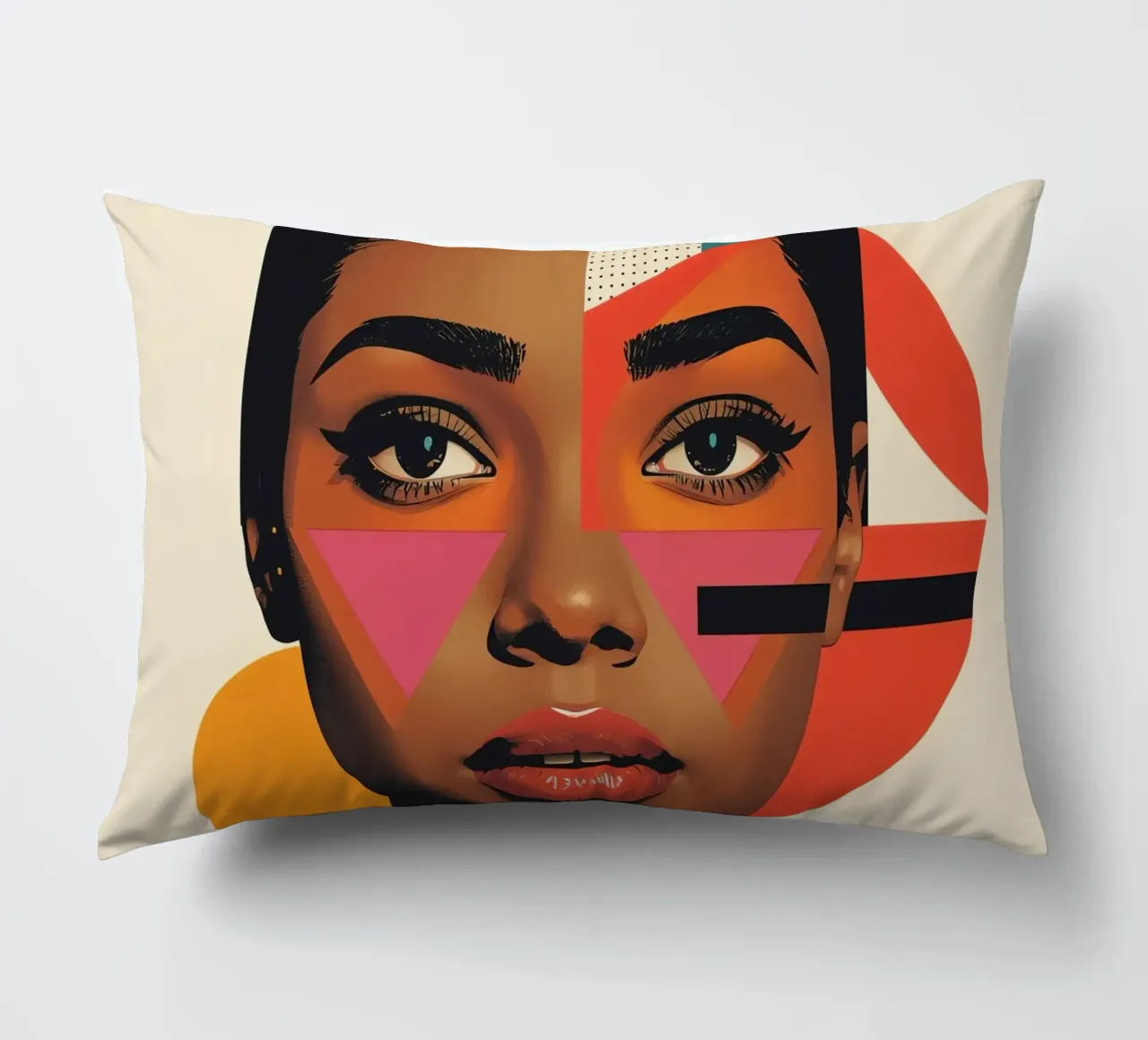 Volto di donna con forme geometriche e colori retrò cuscino da DesignDoodle