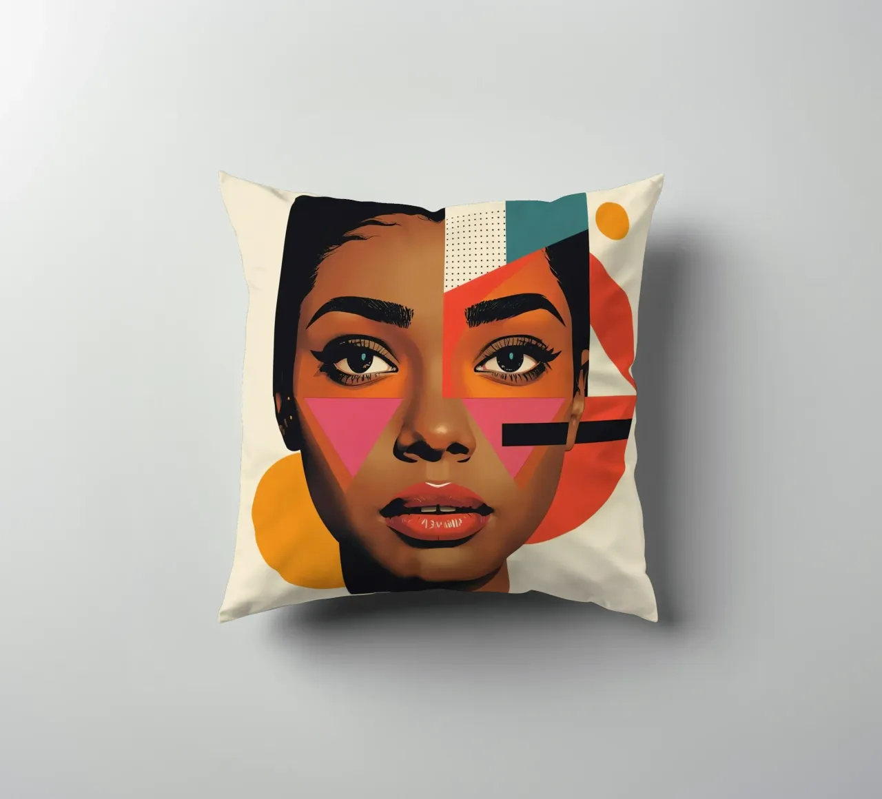 Volto di donna con forme geometriche e colori retrò cuscino da DesignDoodle