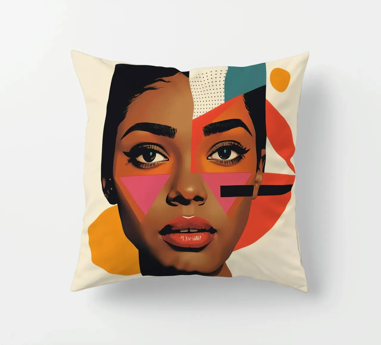 Volto di donna con forme geometriche e colori retrò cuscino da DesignDoodle
