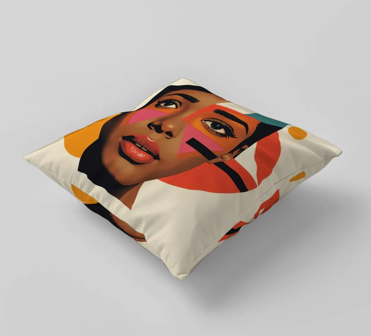Volto di donna con forme geometriche e colori retrò cuscino da DesignDoodle