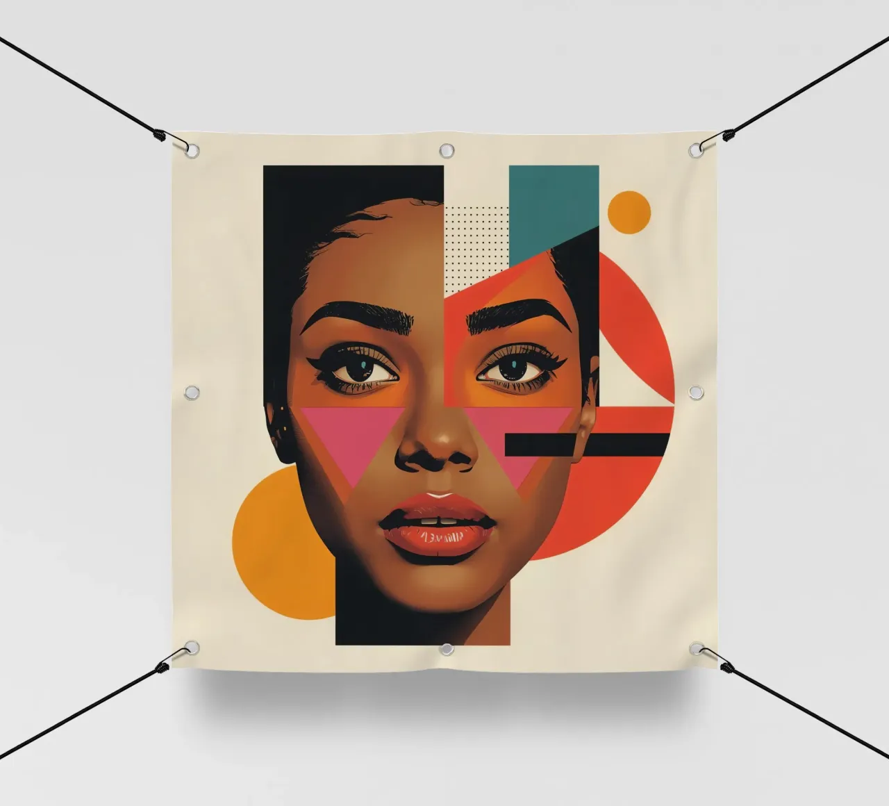 Volto di donna con forme geometriche e colori retrò telo in pvc da DesignDoodle