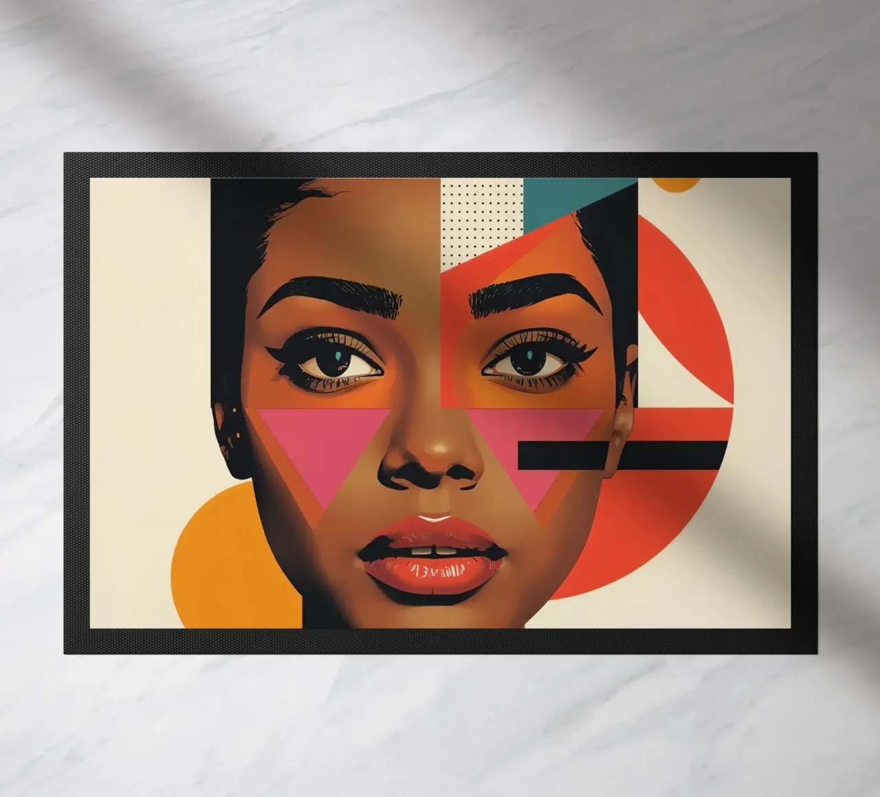 Volto di donna con forme geometriche e colori retrò zerbino da DesignDoodle