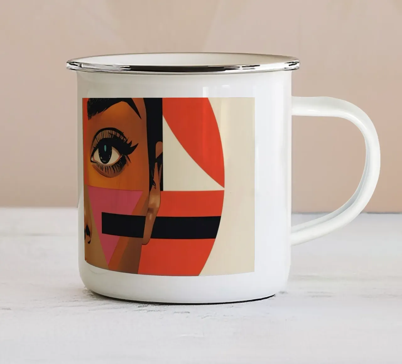 Volto di donna con forme geometriche e colori retrò tazza in smalto da DesignDoodle