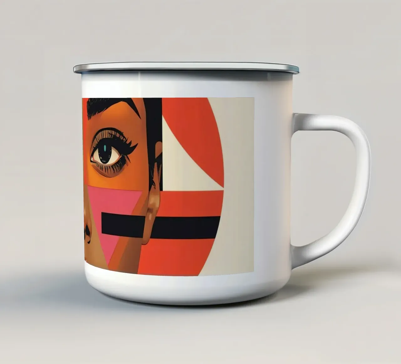 Volto di donna con forme geometriche e colori retrò tazza in smalto da DesignDoodle