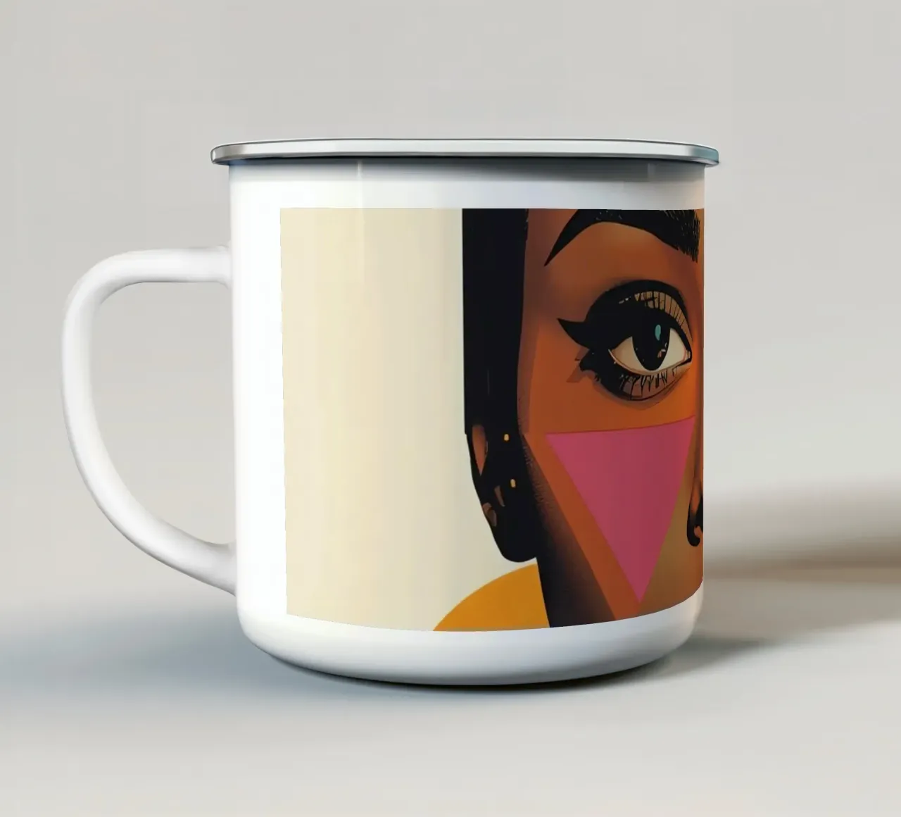 Volto di donna con forme geometriche e colori retrò tazza in smalto da DesignDoodle