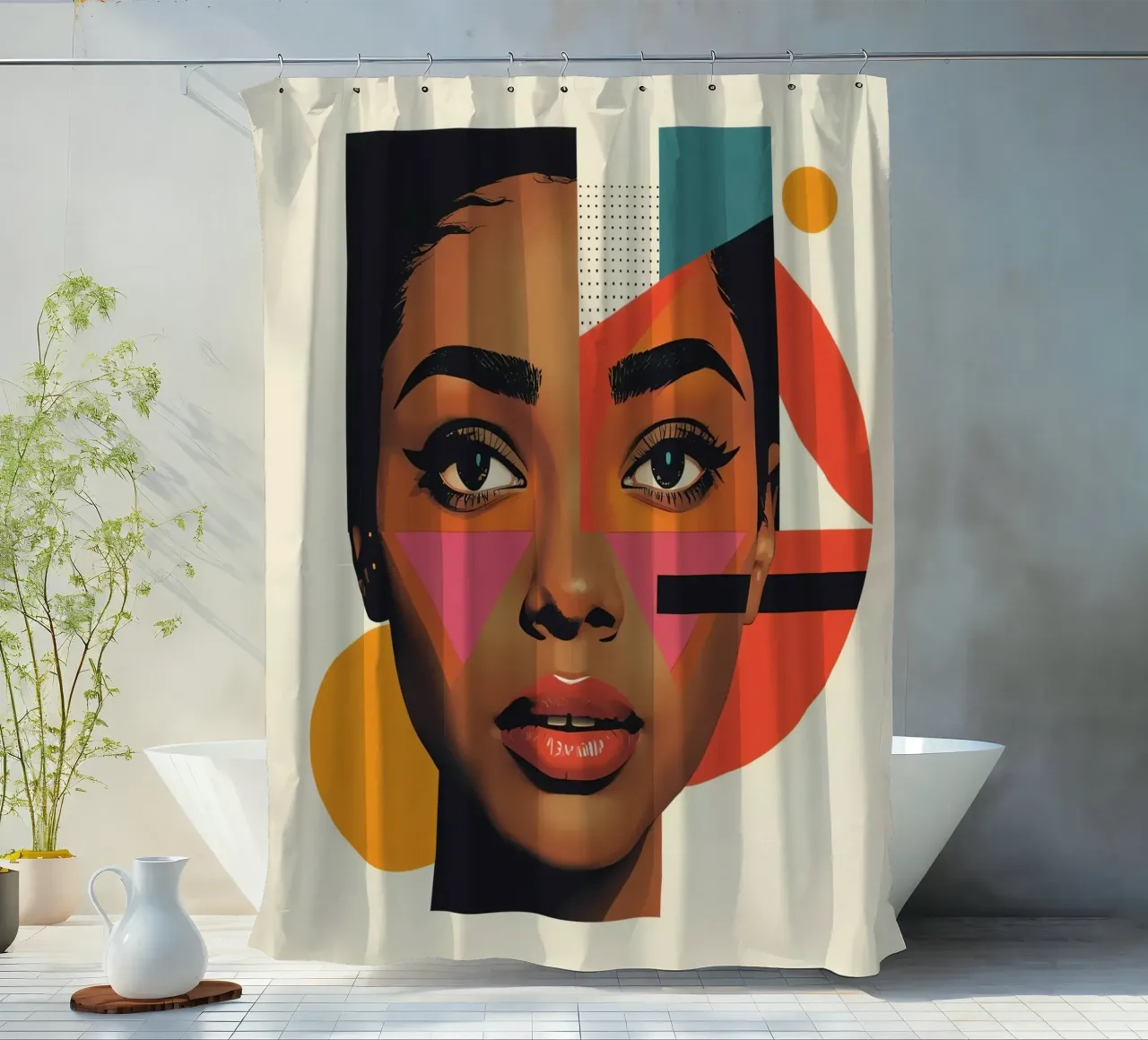 Volto di donna con forme geometriche e colori retrò tenda da doccia da DesignDoodle