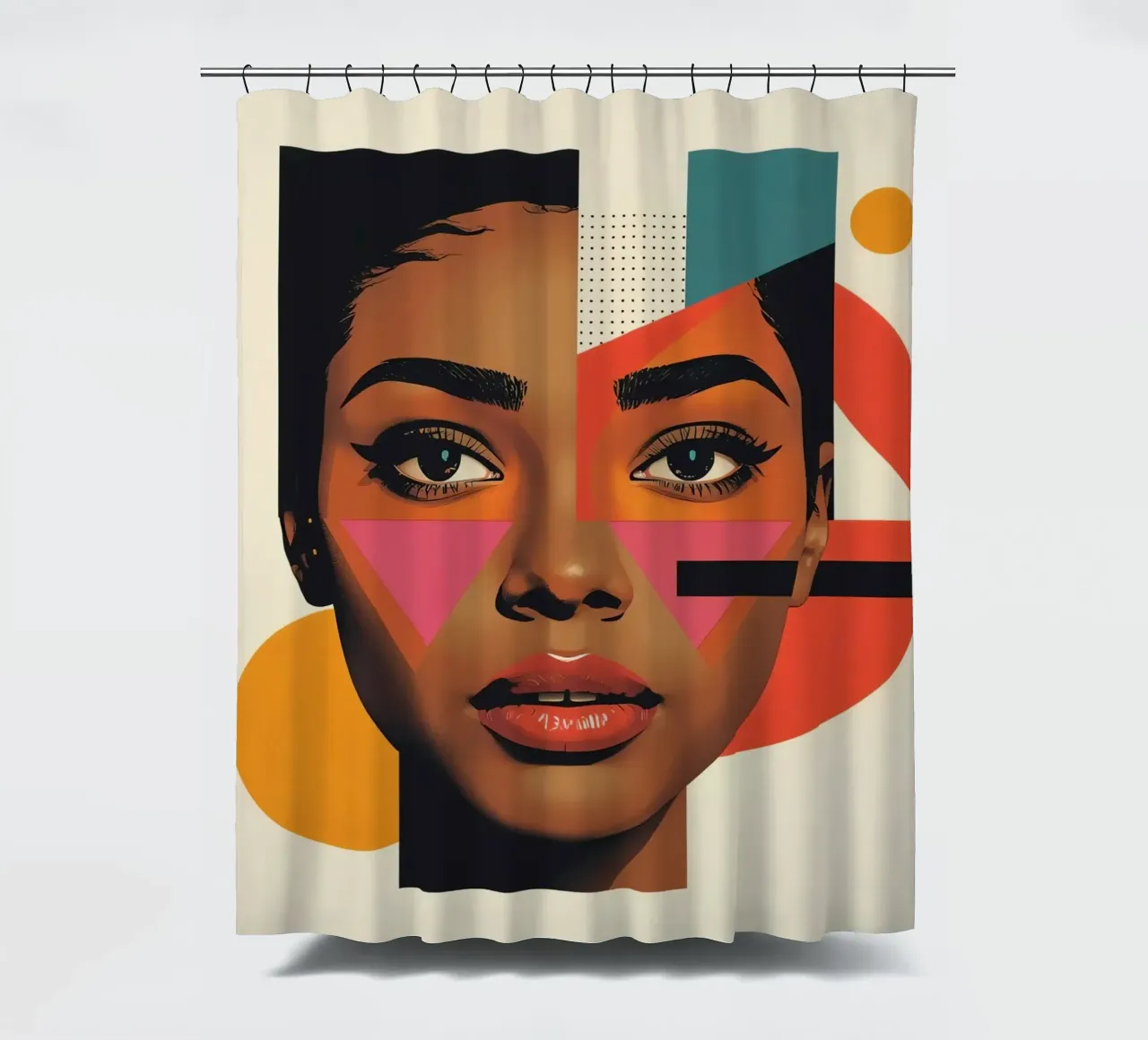 Volto di donna con forme geometriche e colori retrò tenda da doccia da DesignDoodle
