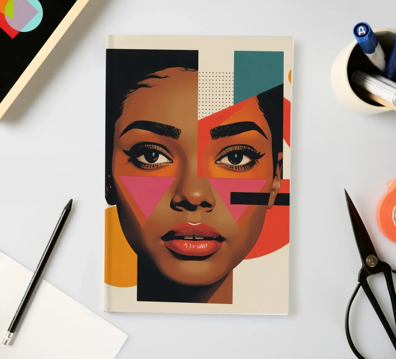 Woman's Face with Geometric Shapes and Retro Colors notebook by DesignDoodle