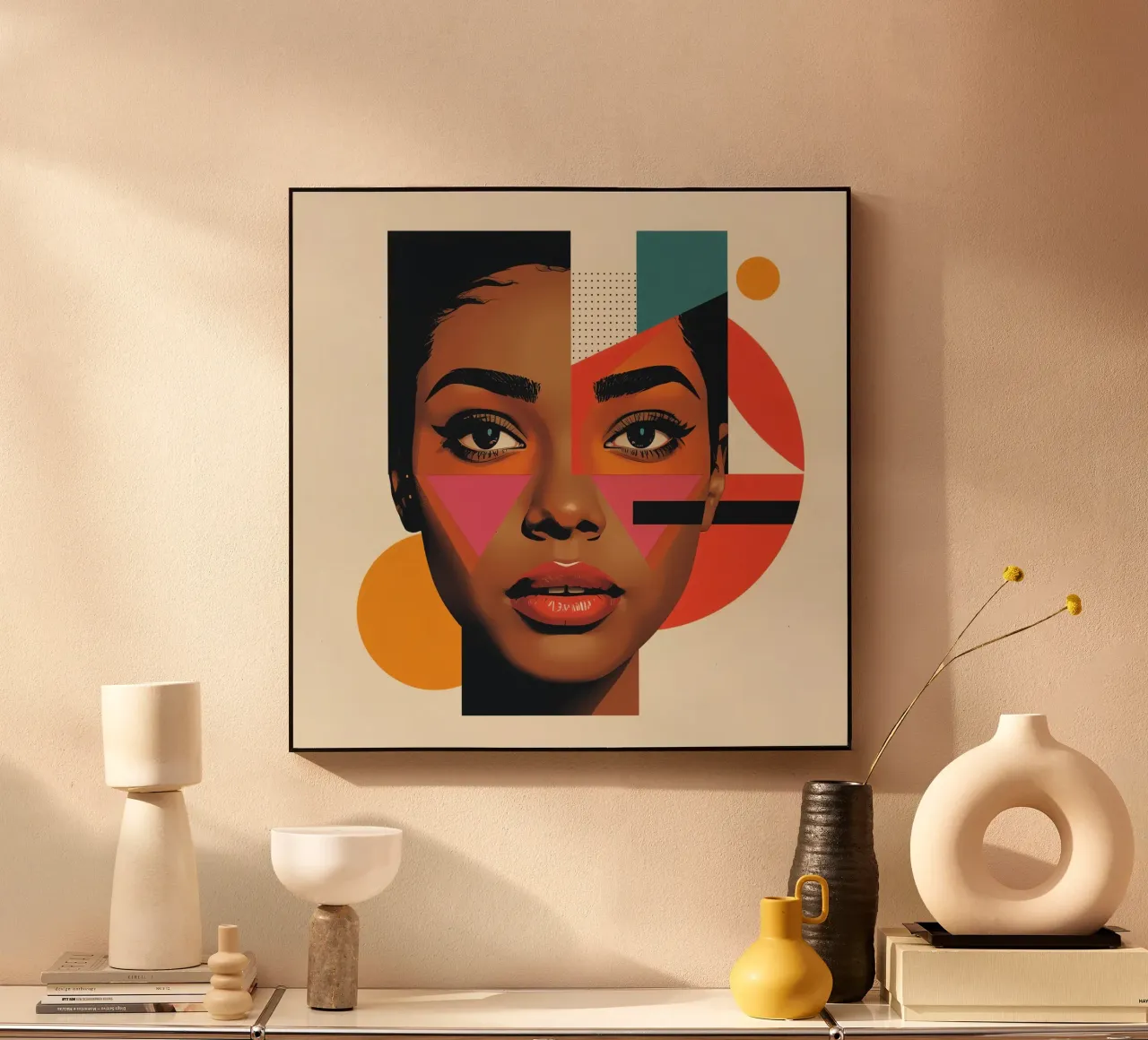 Volto di donna con forme geometriche e colori retrò alluminio dibond da DesignDoodle