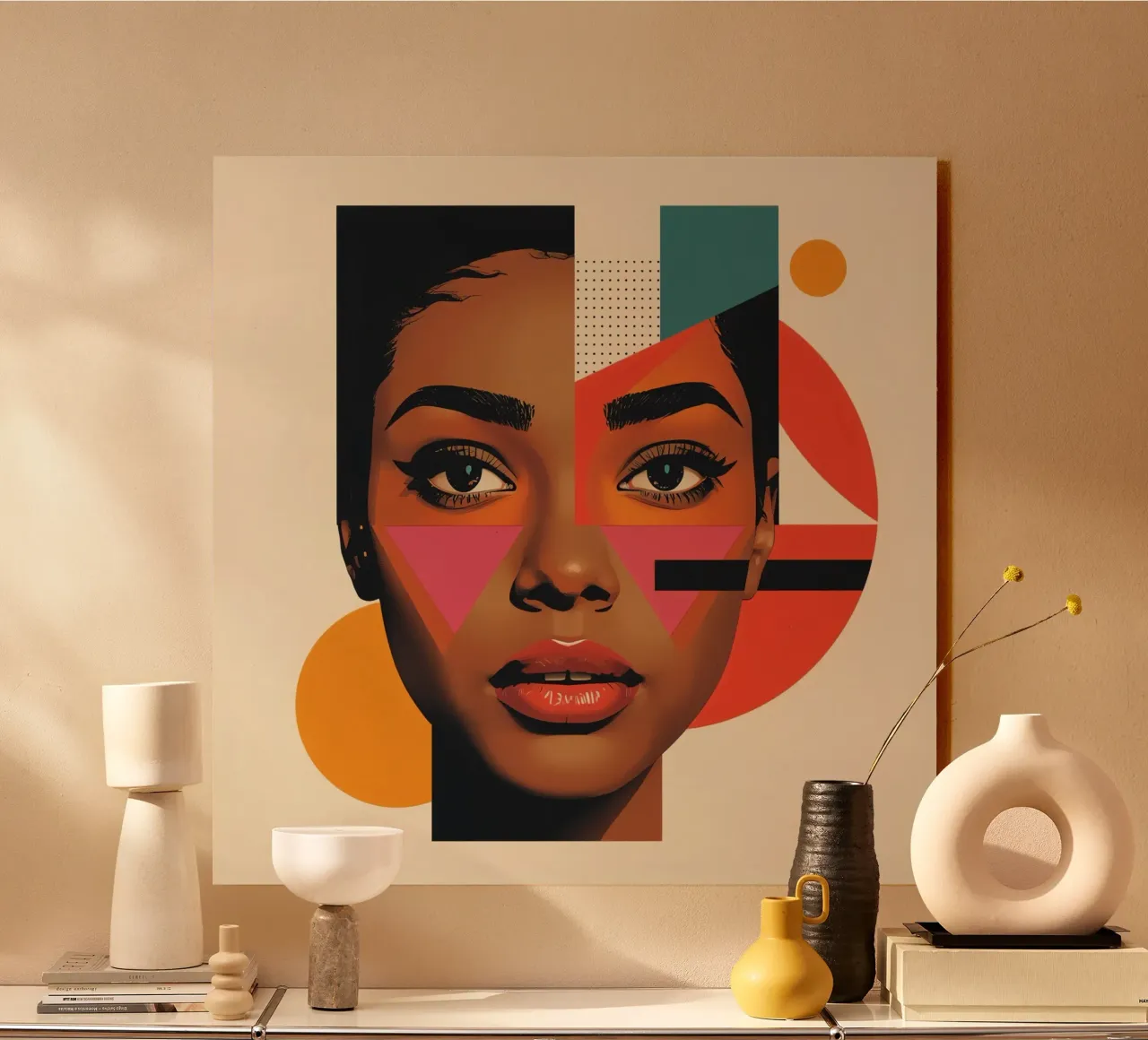Volto di donna con forme geometriche e colori retrò alluminio dibond da DesignDoodle