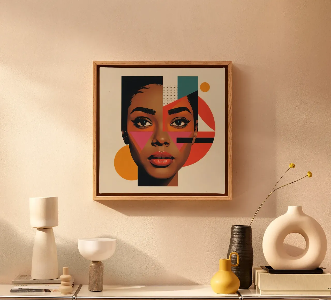 Volto di donna con forme geometriche e colori retrò tela con Cornice a cassetta da DesignDoodle