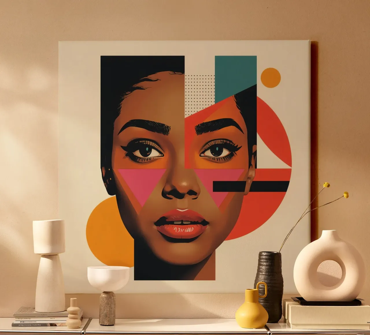 Volto di donna con forme geometriche e colori retrò tela con Cornice a cassetta da DesignDoodle