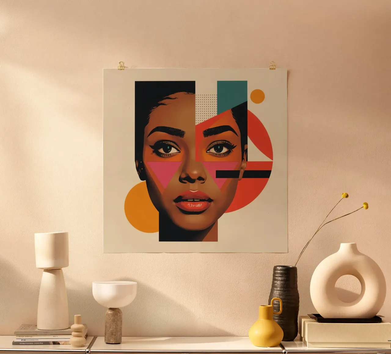 Visage de femme aux formes géométriques et aux couleurs rétro poster de DesignDoodle