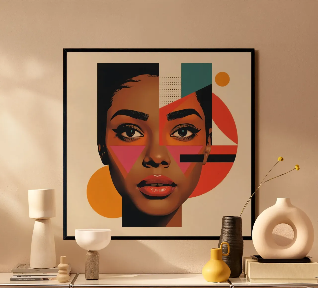 Volto di donna con forme geometriche e colori retrò poster con telaio in legno da DesignDoodle