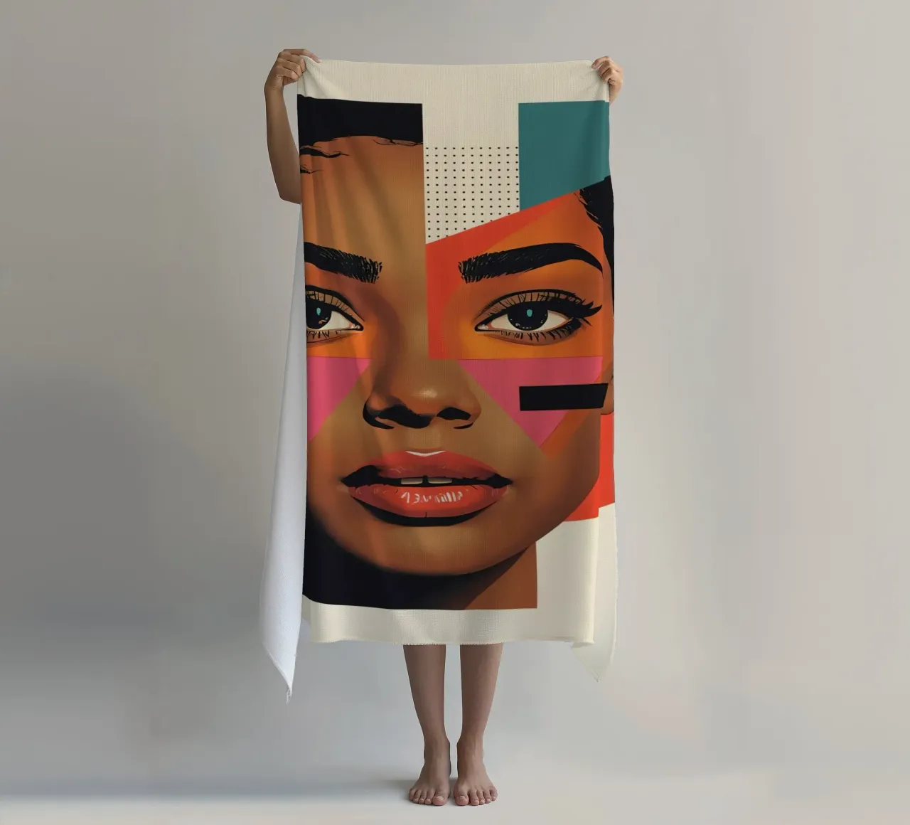 Volto di donna con forme geometriche e colori retrò telo mare da DesignDoodle