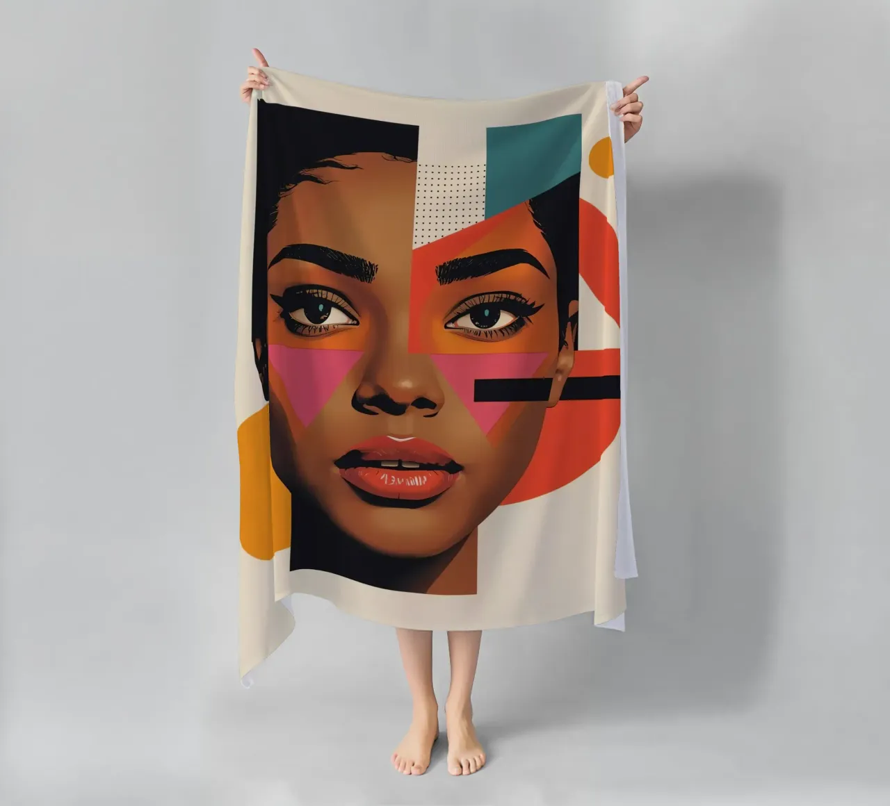 Volto di donna con forme geometriche e colori retrò telo mare da DesignDoodle