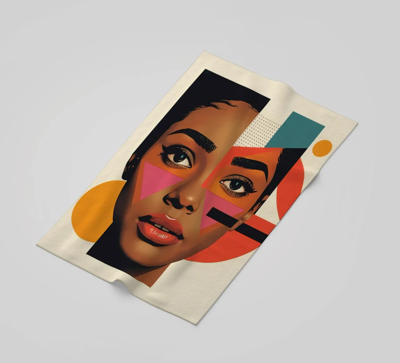 Volto di donna con forme geometriche e colori retrò telo mare da DesignDoodle