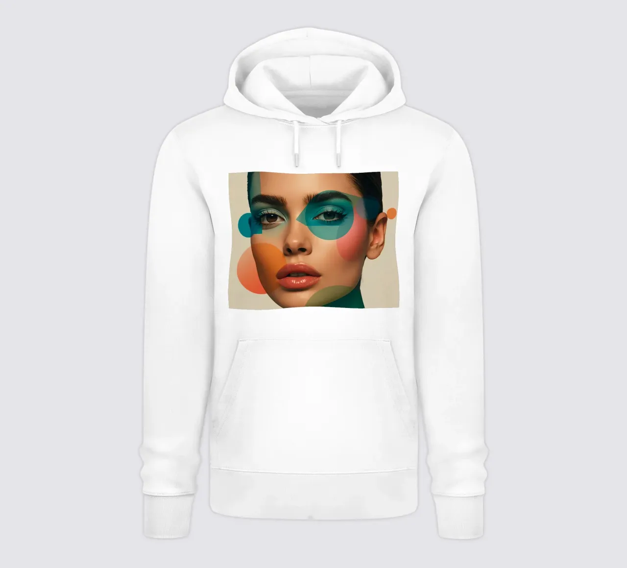 Volto di donna con forme geometriche e trucco verde acqua felpa con cappuccio da DesignDoodle
