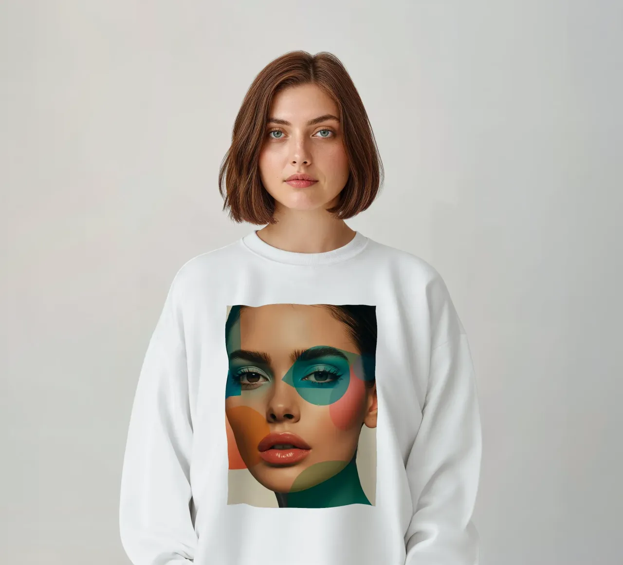 Volto di donna con forme geometriche e trucco verde acqua felpa da DesignDoodle