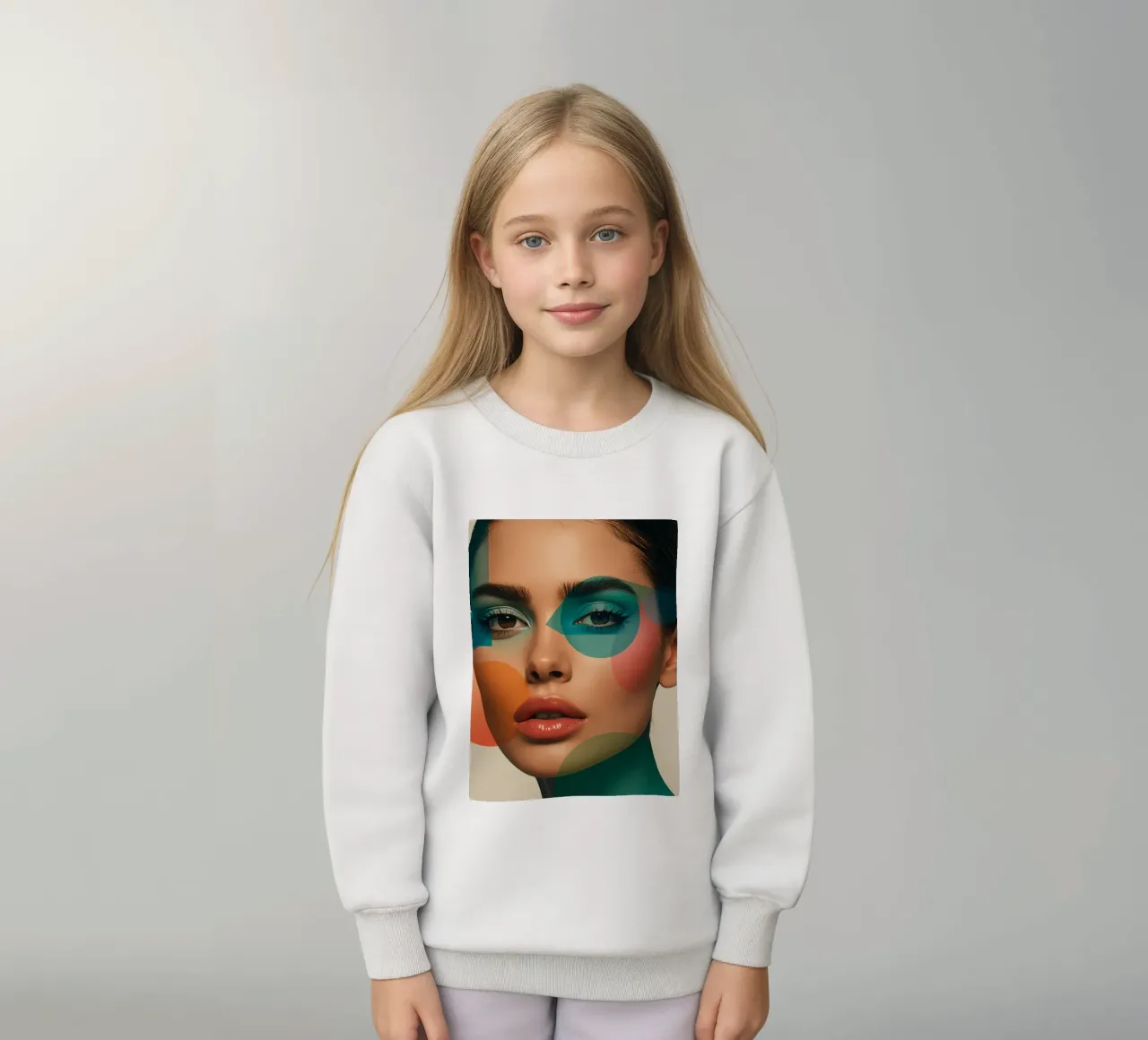 Volto di donna con forme geometriche e trucco verde acqua felpa bambino da DesignDoodle