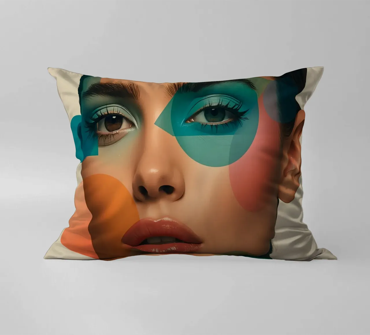 Volto di donna con forme geometriche e trucco verde acqua cuscino da DesignDoodle