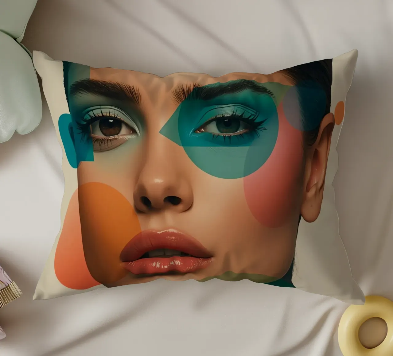 Volto di donna con forme geometriche e trucco verde acqua cuscino da DesignDoodle