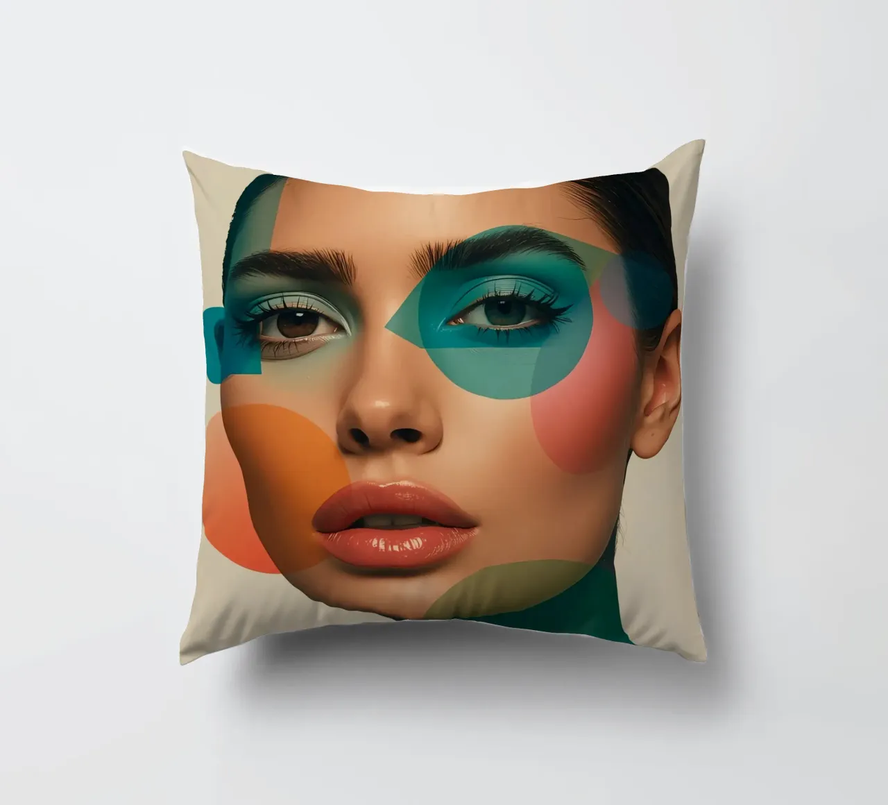 Volto di donna con forme geometriche e trucco verde acqua cuscino da DesignDoodle