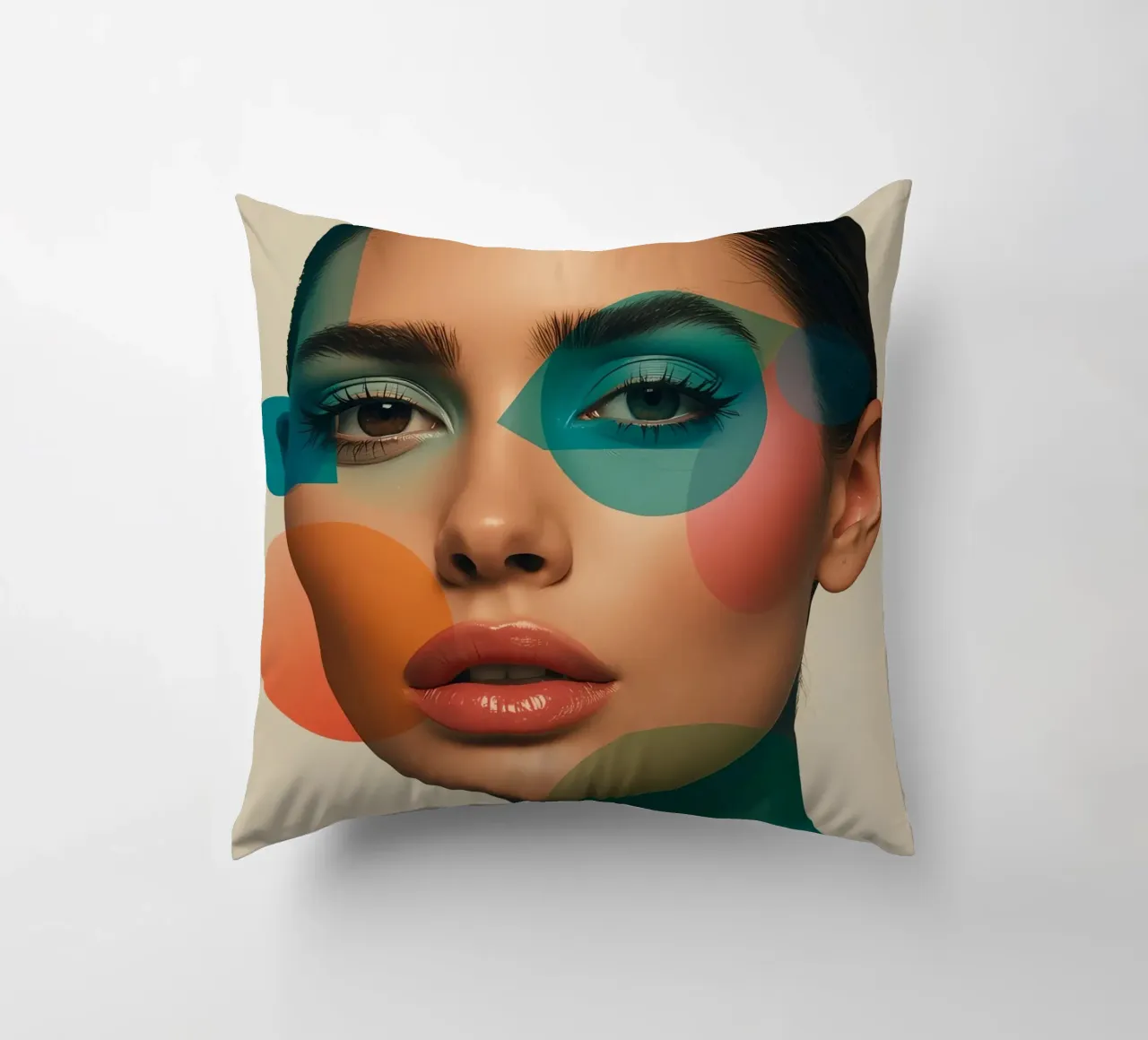 Volto di donna con forme geometriche e trucco verde acqua cuscino da DesignDoodle