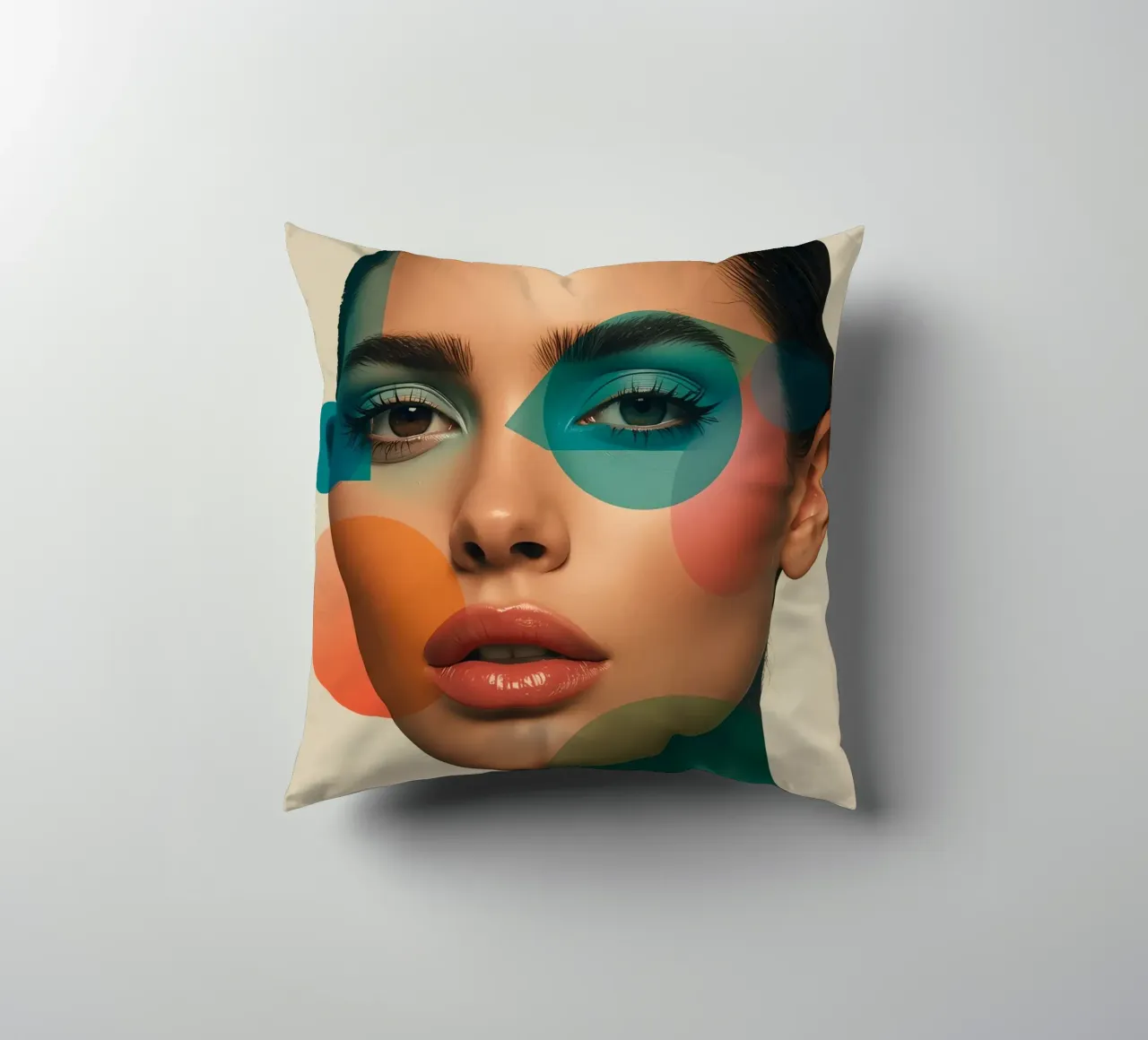 Volto di donna con forme geometriche e trucco verde acqua cuscino da DesignDoodle